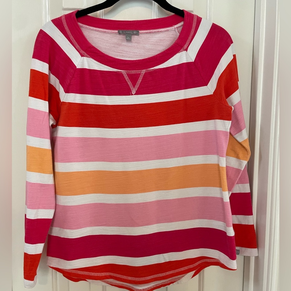 Striped Scoop Neck Long Sleeve Top - Pink/Red/Orange -